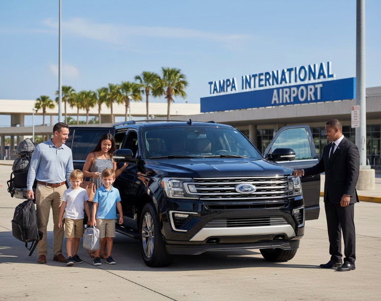 Family arriving at Tampa International Airport with Jagg Black Car