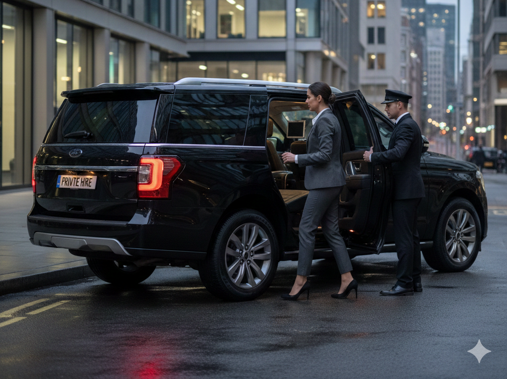 Professional chauffeur assisting client with luxury black SUV