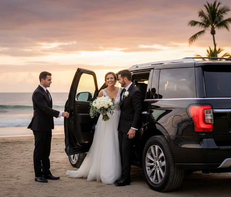 Wedding couple with luxury black SUV on the beach at sunset
